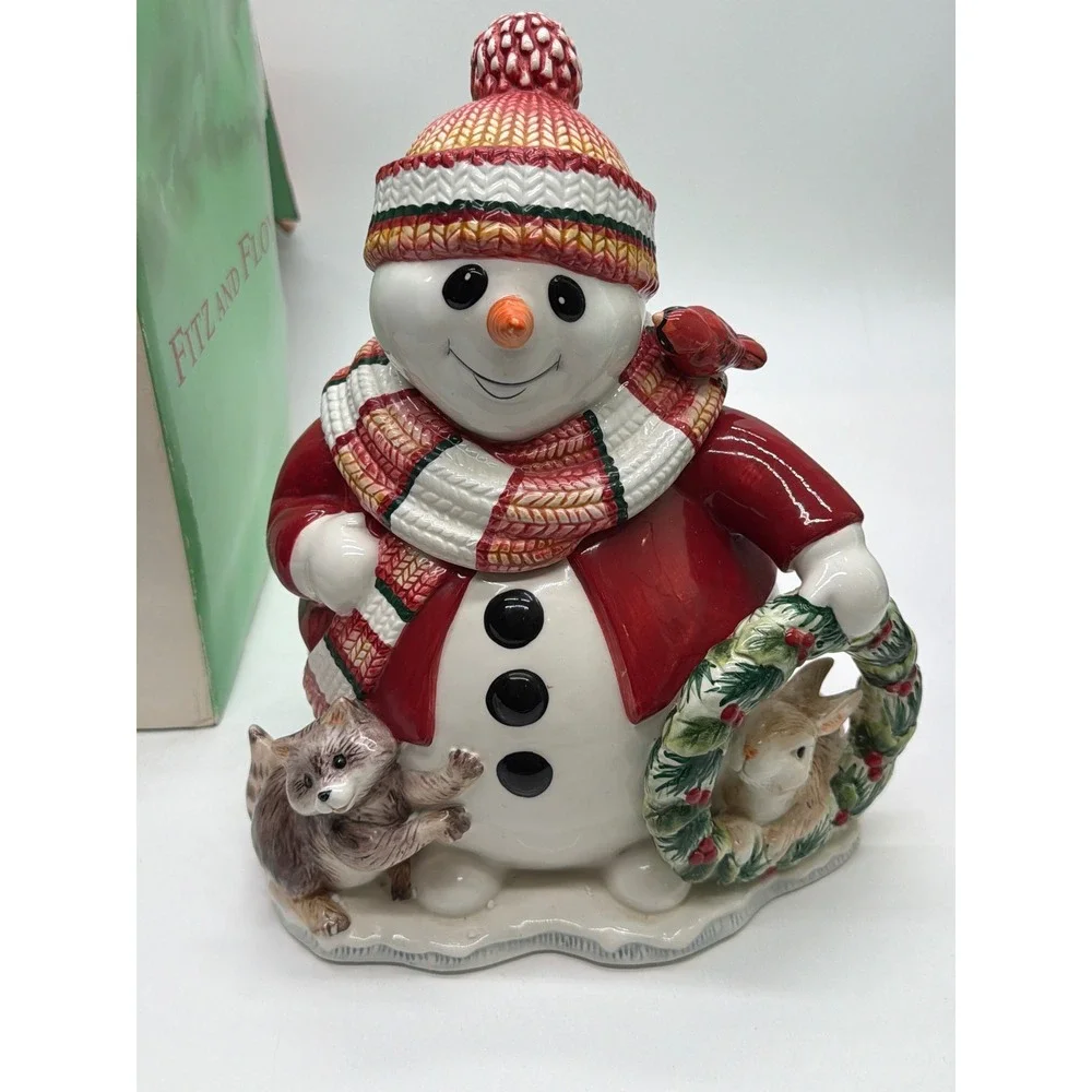 Fitz and Floyd Woodland Snowman Cookie Jar Christmas Ceramic with Box 2003